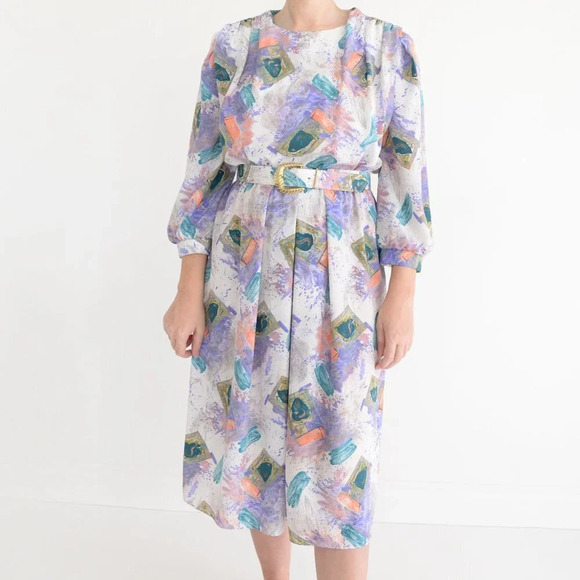 Dresses & Skirts - Vintage 90's Leslie Belle White  w Watercolor Abstract Splash Belt Midi Dress 12